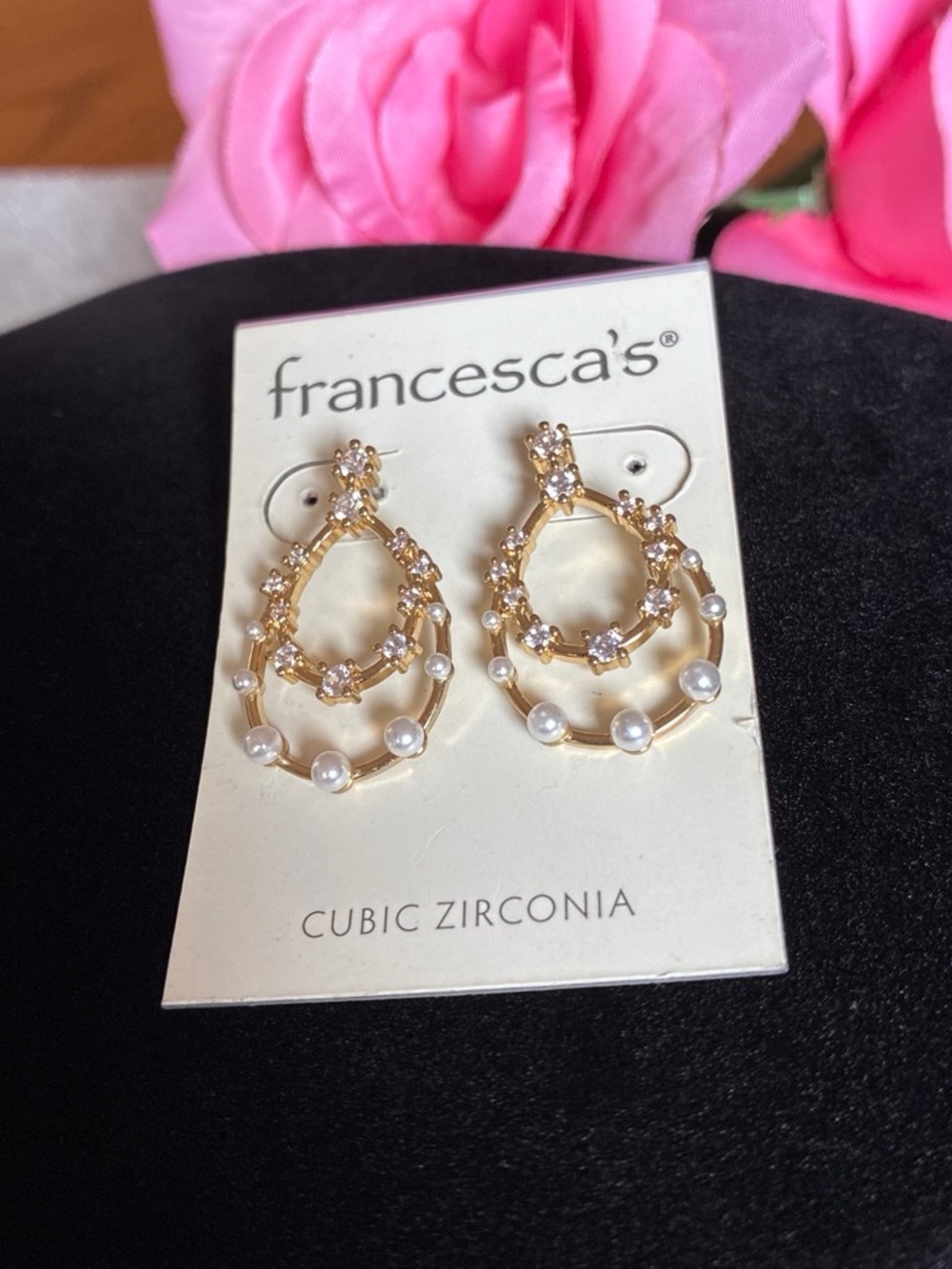Francesca's Collections Gold Teardrop Cubic Zirconia Earrings with Pearl Accents